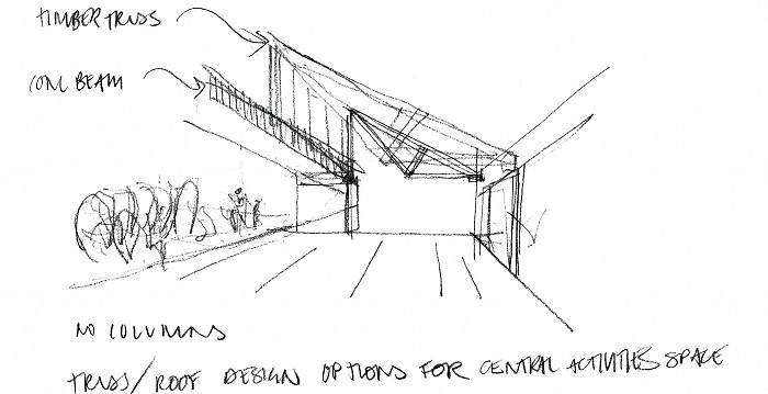 Early concept sketch for a central activities space showing structure light and link to the garden