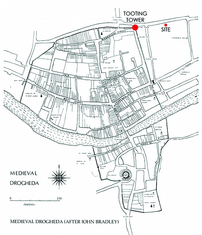 Map from The Streets and Lanes of Drogheda J Garry with Tooting Tower and Site Shown